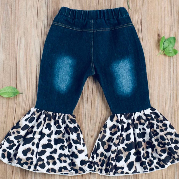 Girls Denim/Cheetah Flare Leg  Jeans 3T - Picture 2 of 5